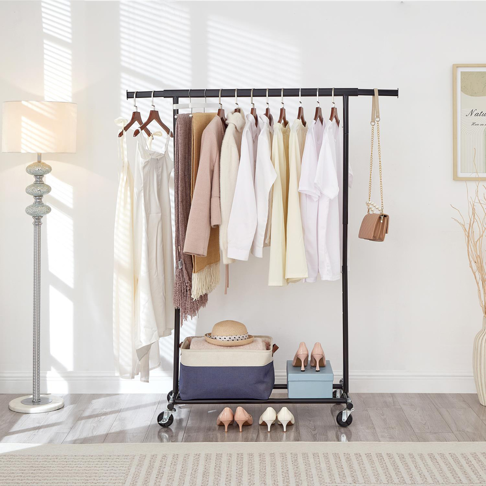 House Of Home Single Shelf Black Heavy-Duty Adjustable Rolling Clothes Rail Image 2