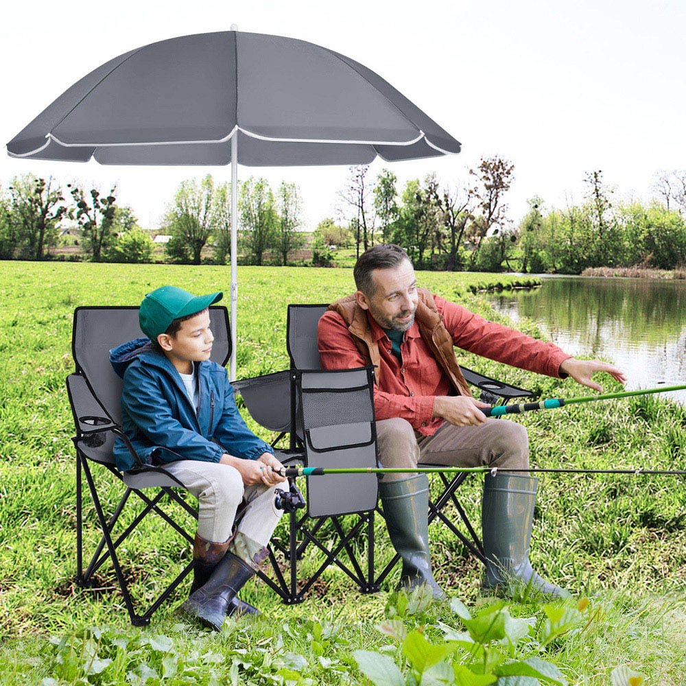 Costway Grey Double Portable Camping Chair with Umbrella and Ice Bag Image 4