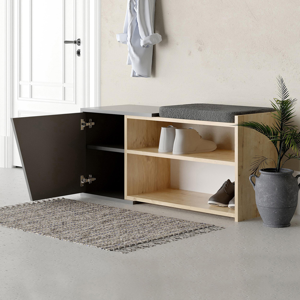 Decortie Fiona Anthracite and Oak Entryway Shoe Bench Storage Image 4