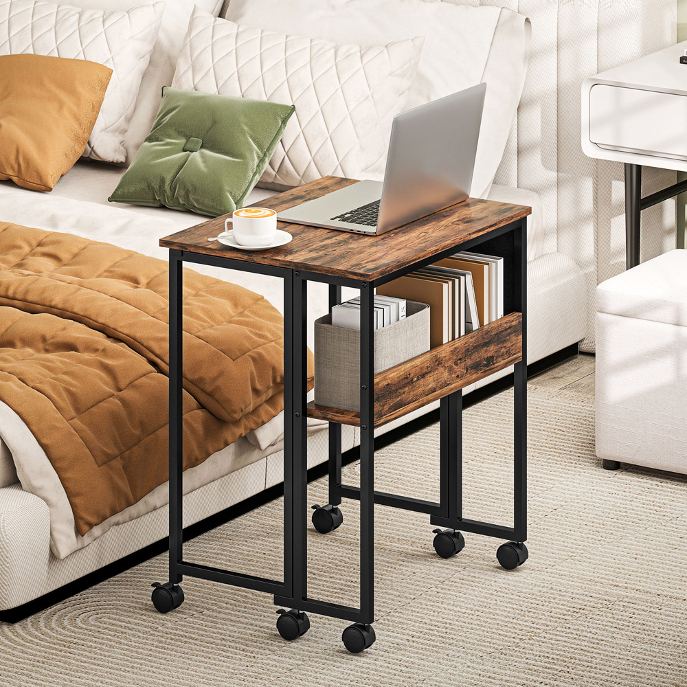 HOMCOM Single Shelf Foldable Computer Desk with Wheels and Side Bag Rustic Brown Image 7