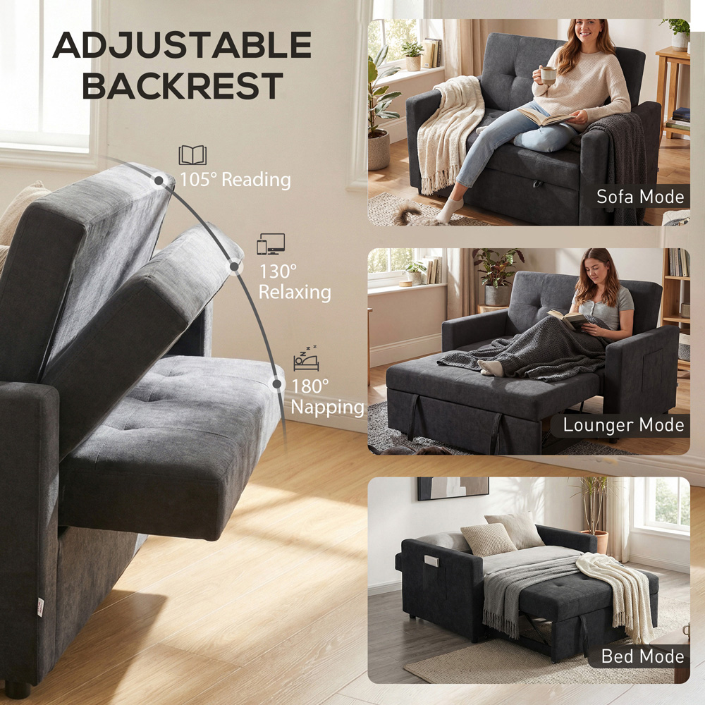 Portland 3-in-1 2 Seater Black Snow Flannel Convertible Sofa Bed with Pillows Image 7