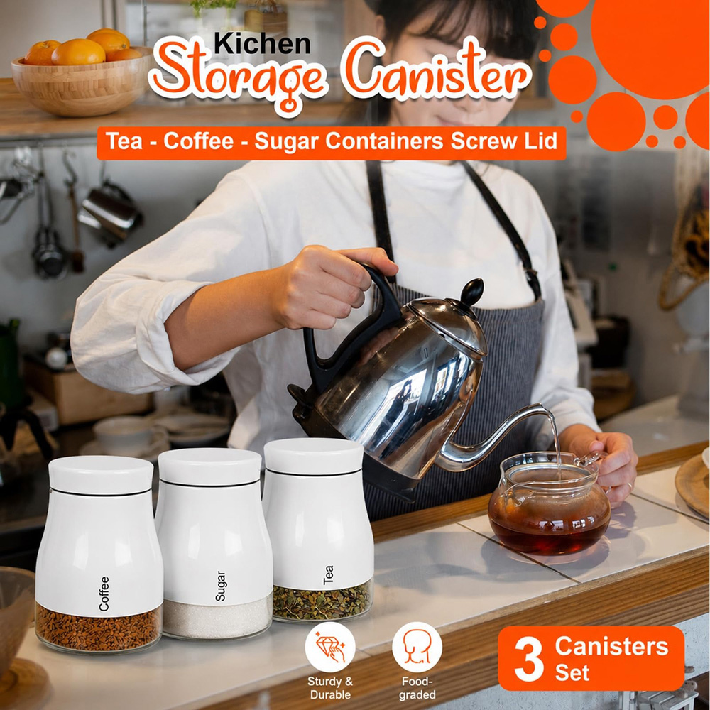 ATEK 3 Piece Tea Coffee and Sugar White Kitchen Canister Set Image 5