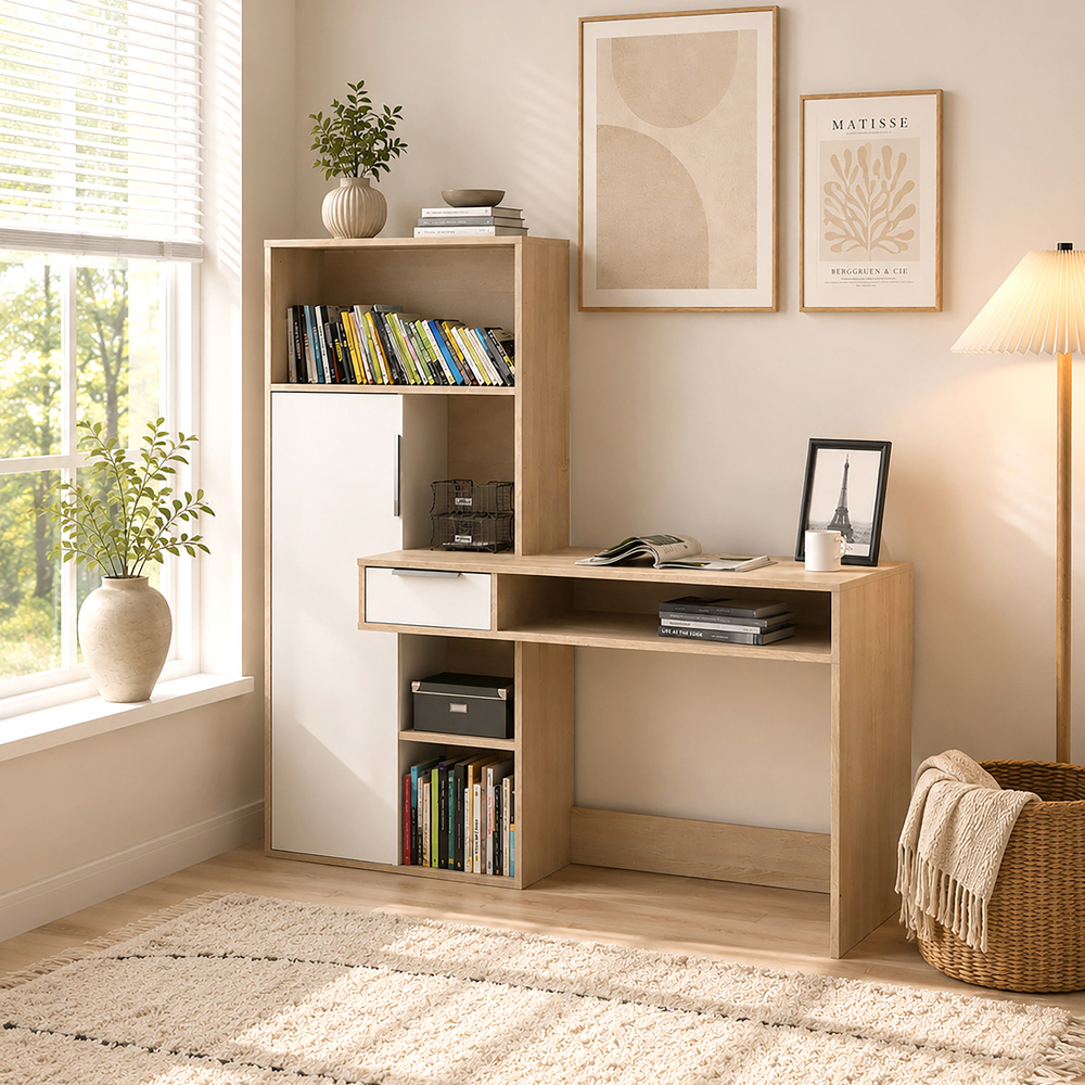 Florence Function Plus Single Door Single Drawer Multifunctional Desk White and Oak Image 8