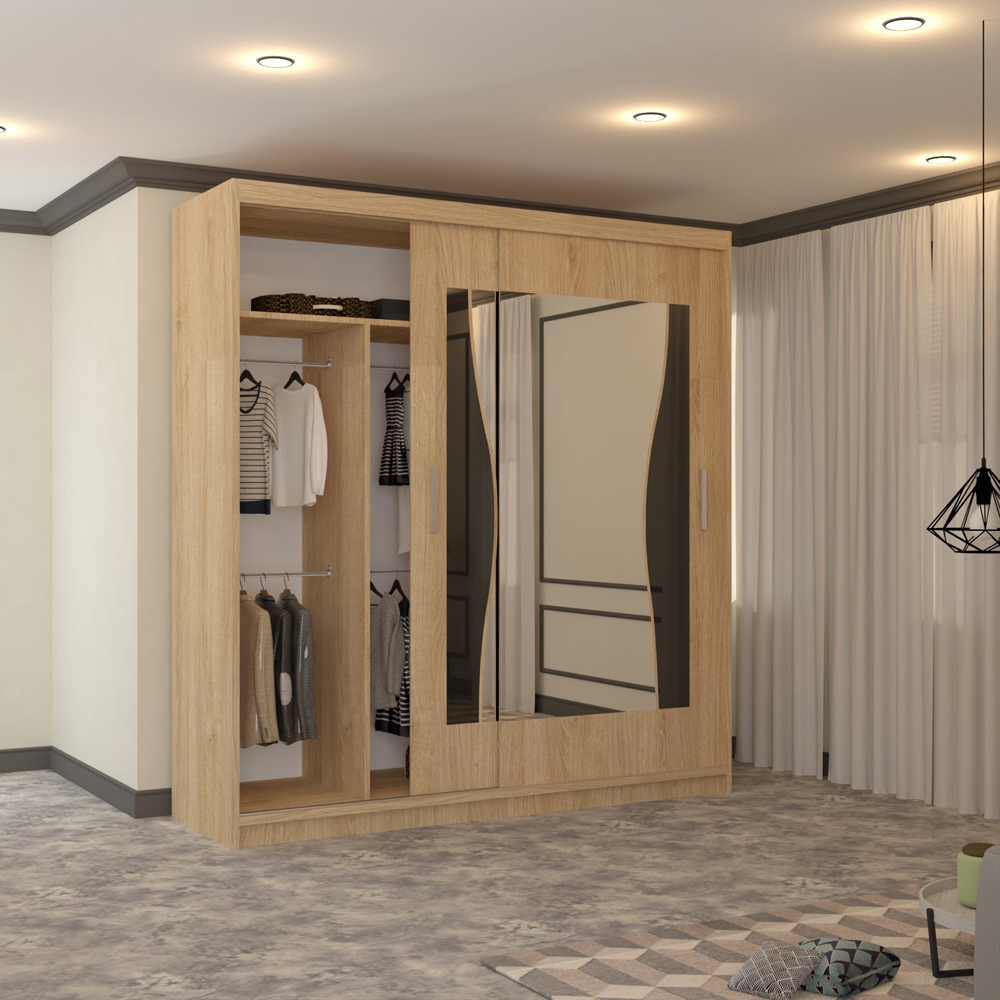 M N Furniture Banton 2 Door Oak Curved Mirrored Sliding Wardrobe 203cm Image 3