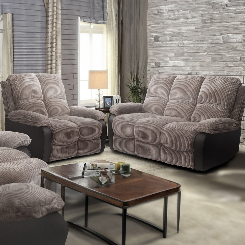 Brooklyn 5 Seater Grey Jumbo Cord Manual Recliner Sofa Set Image 1