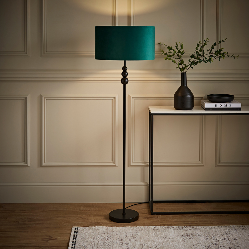 ValueLights Marissa Forest Green Velvet Shade Black Ball LED Floor Lamp Image 2
