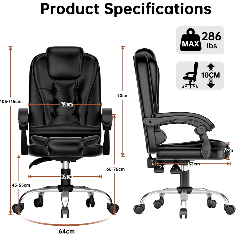 Rattrix Black PU Leather Height Adjustable Office Chair with Large Padded Seat Image 7