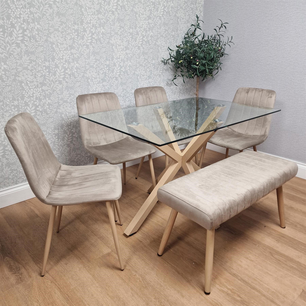 Kosy Koala 6 Seater Tempered Glass Velvet Dining Bench Set Beige Image 3
