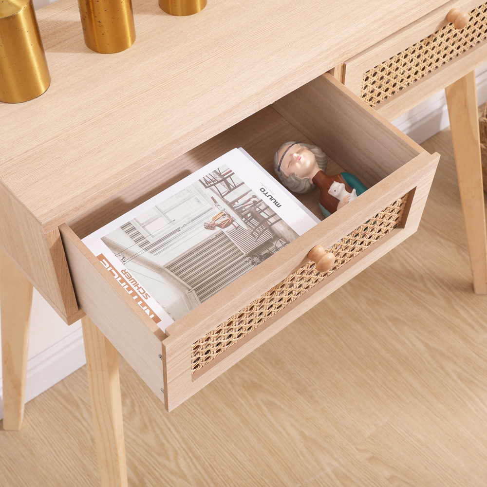 FurnitureHMD 2 Drawer Natural Rattan Weaving Console Table Image 6
