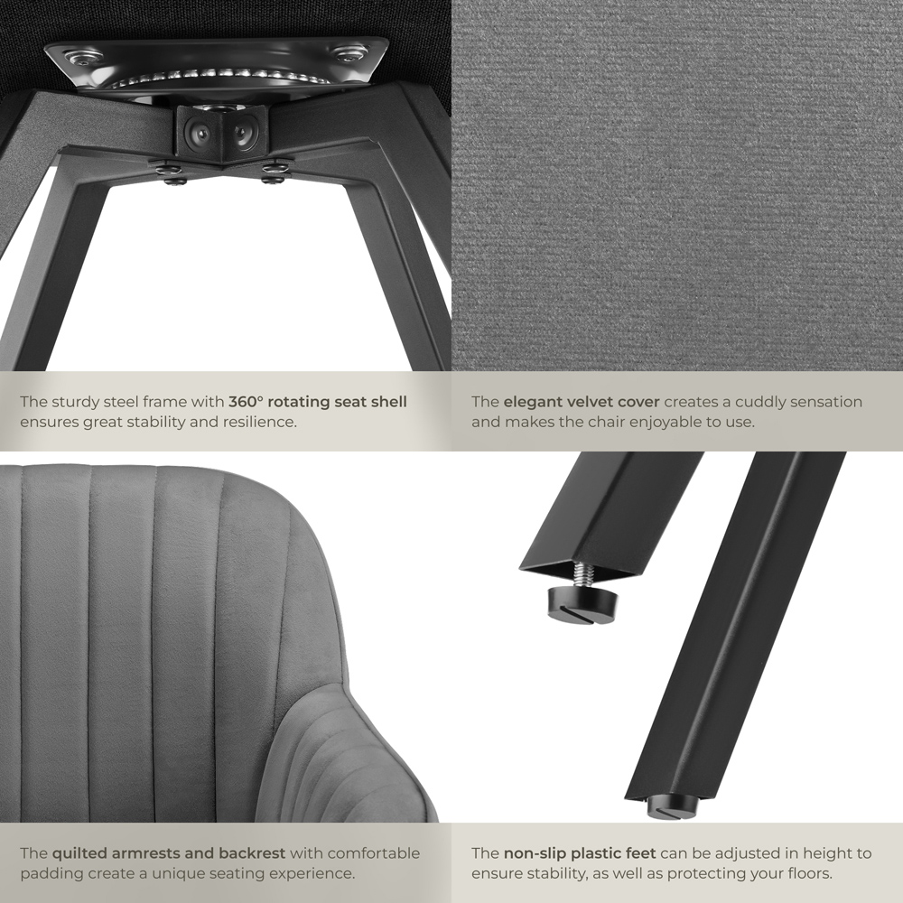 tectake Set of 4 Grey Velvet Fabric Lounge Armchair Image 5