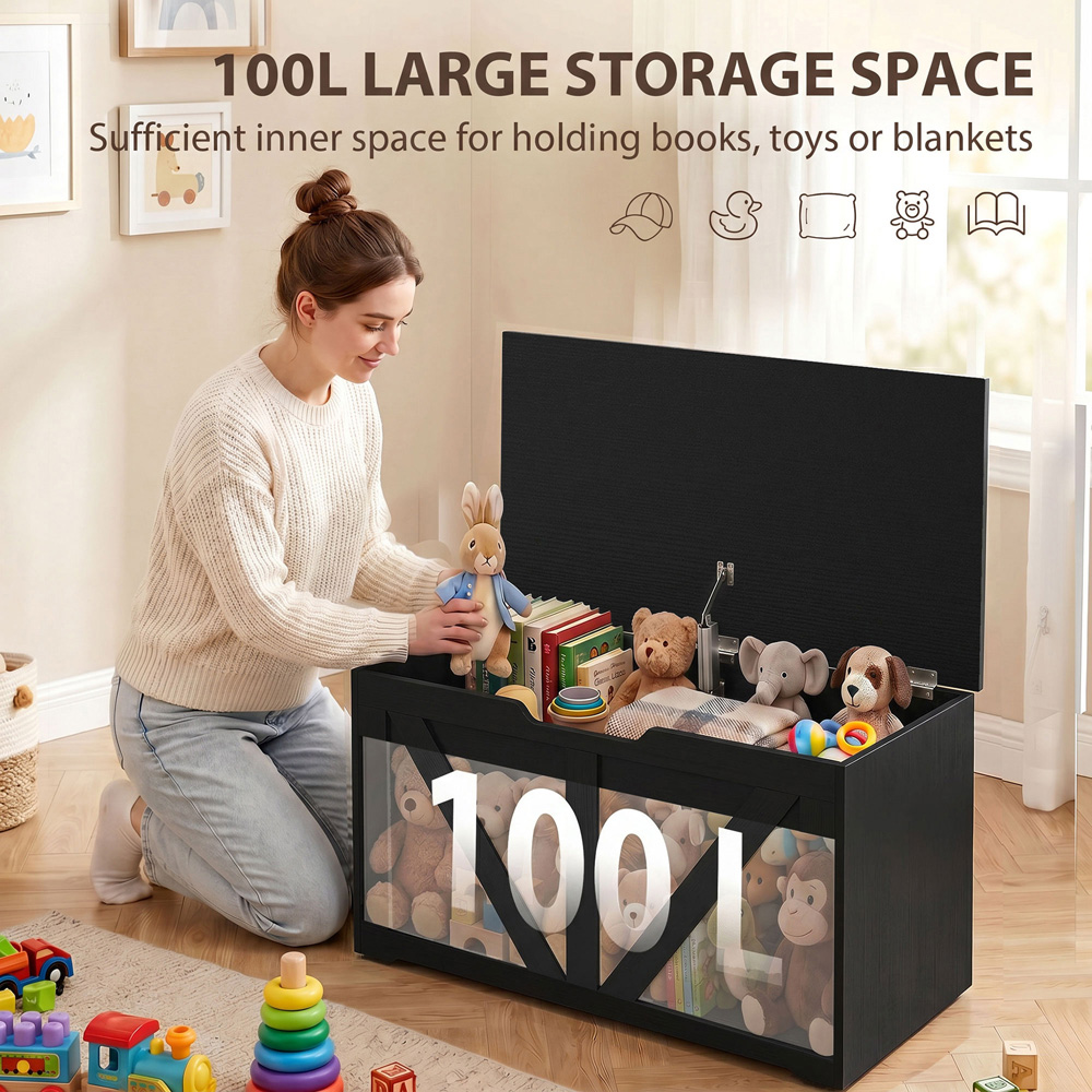 HOMCOM 100L Black Storage Trunk with Safety Hinge Image 5