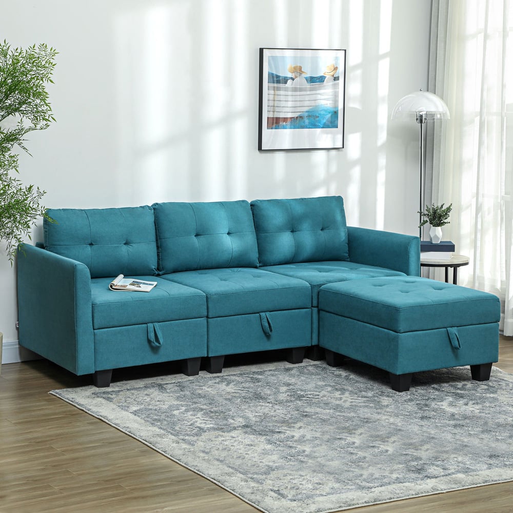 HOMCOM 3 Seater Light Blue Modular L Shaped Sofa with Storage Image 1
