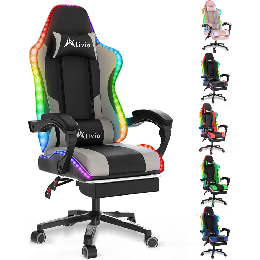 Alivio Grey PU Leather Wireless App Control LED Gaming Chair with Massage Lumbar Cushion Image 2
