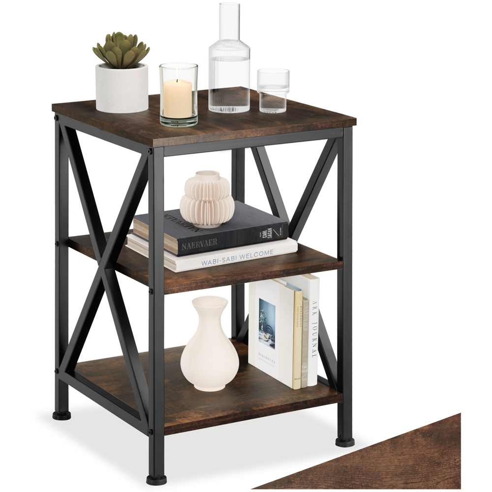 Tectake Nottingham 2 Shelf Rustic Dark Wood Bedside Table Image 2