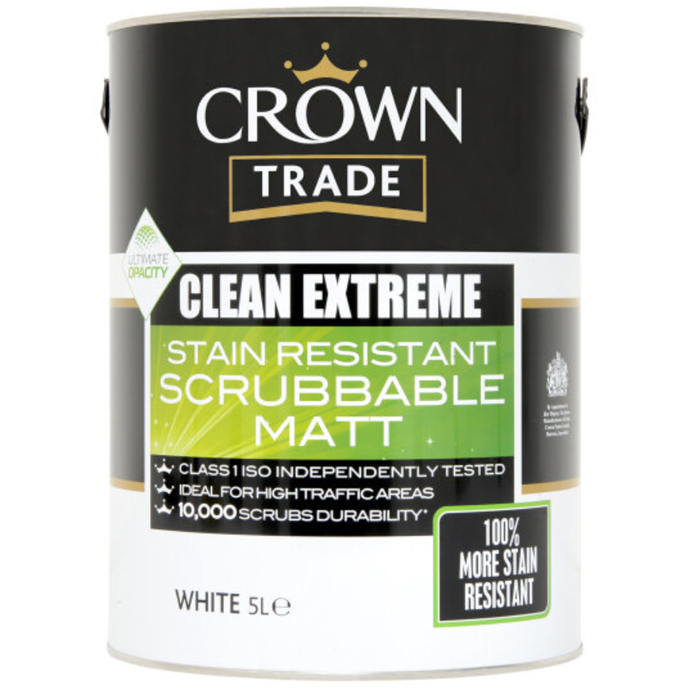 Crown Trade Clean Extreme White Stain Resistant Scrubbable Matt Paint 5L Image 2