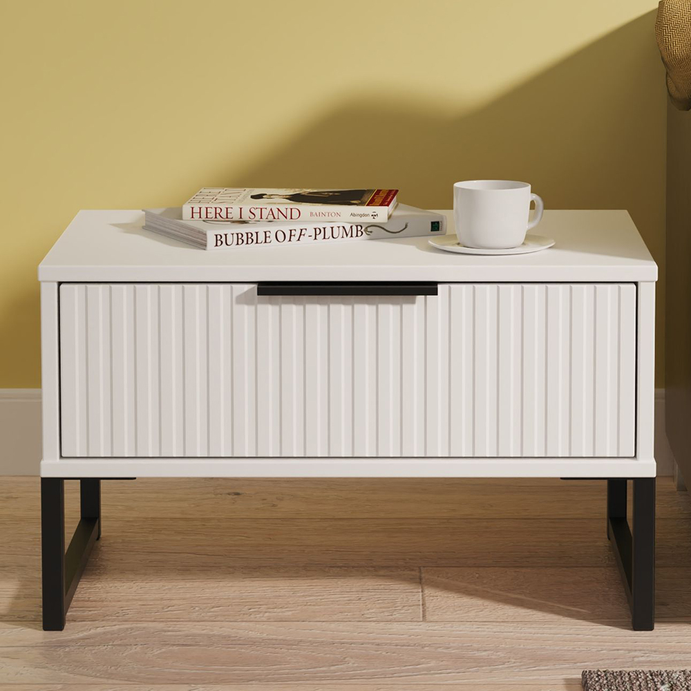 Crowndale Fluted Single Drawer White Matt Wide Side Table Ready Assembled Image 1