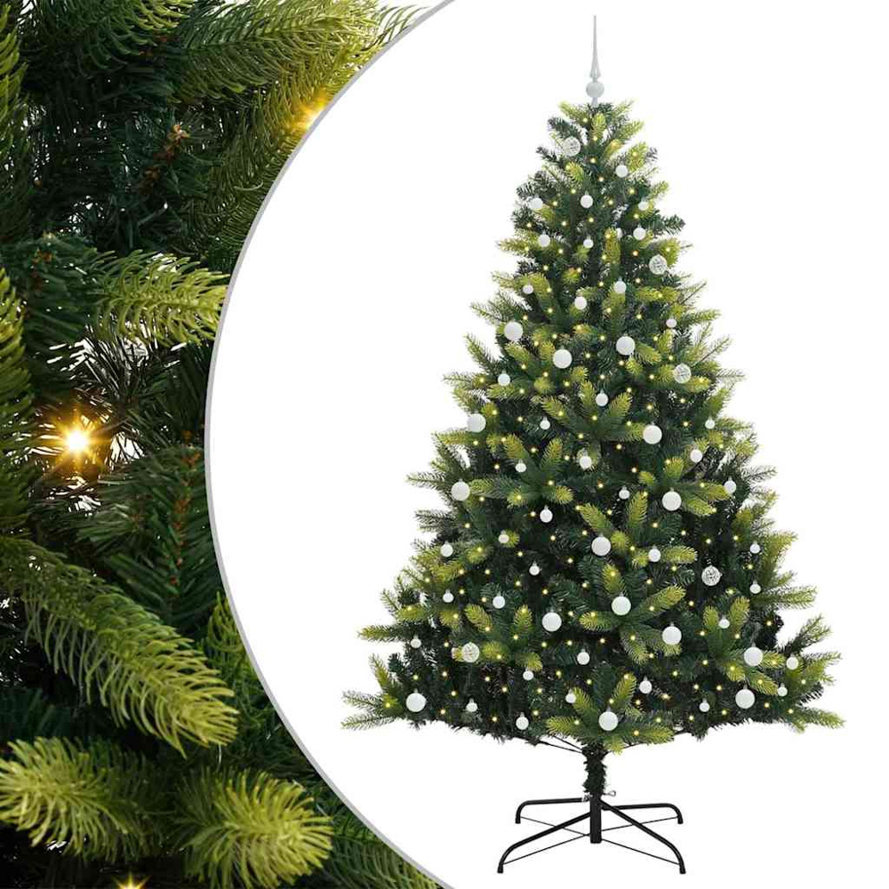 vidaXL Pre-Lit White Baubles Green Artificial Hinged Christmas Tree 8ft Image 2