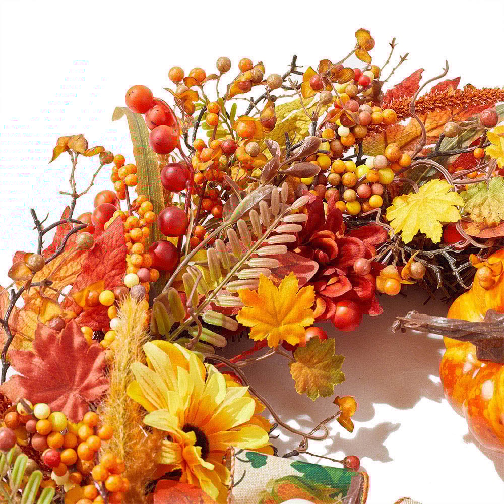 Living and Home Artificial Halloween Pumpkin Maple Leaves Wreath 50cm Image 3