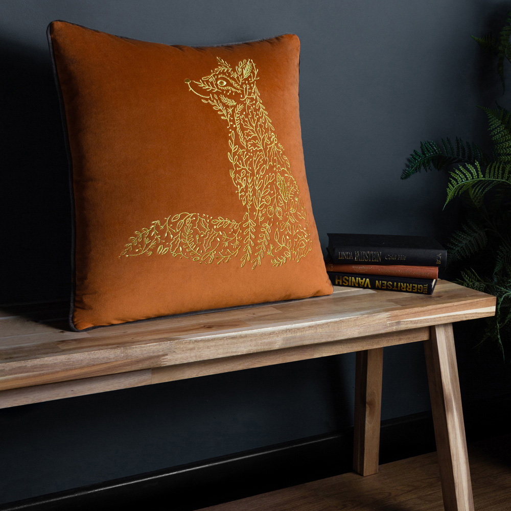 furn. Forest Fauna Rust and Gold Fox Velvet Piped Cushion Image 2