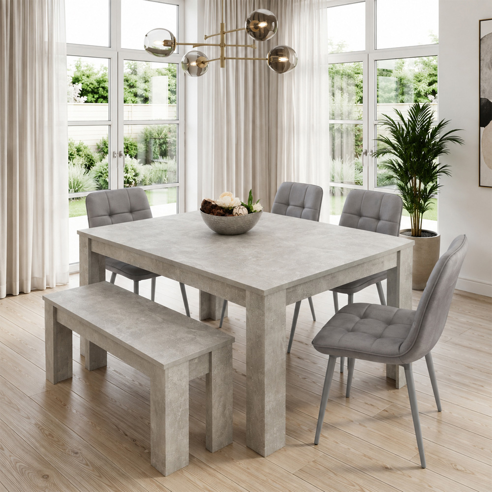 Portland Velvet 6 Seater Dining Set with Bench Stone Grey and Grey Image 2