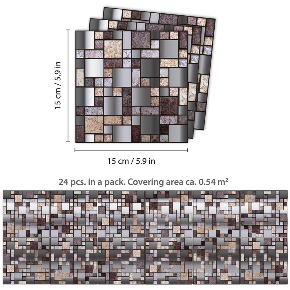 Walplus Metallic Silver Brown Stone Mosaic Self Adhesive Tile Sticker 24 Pack Image 6