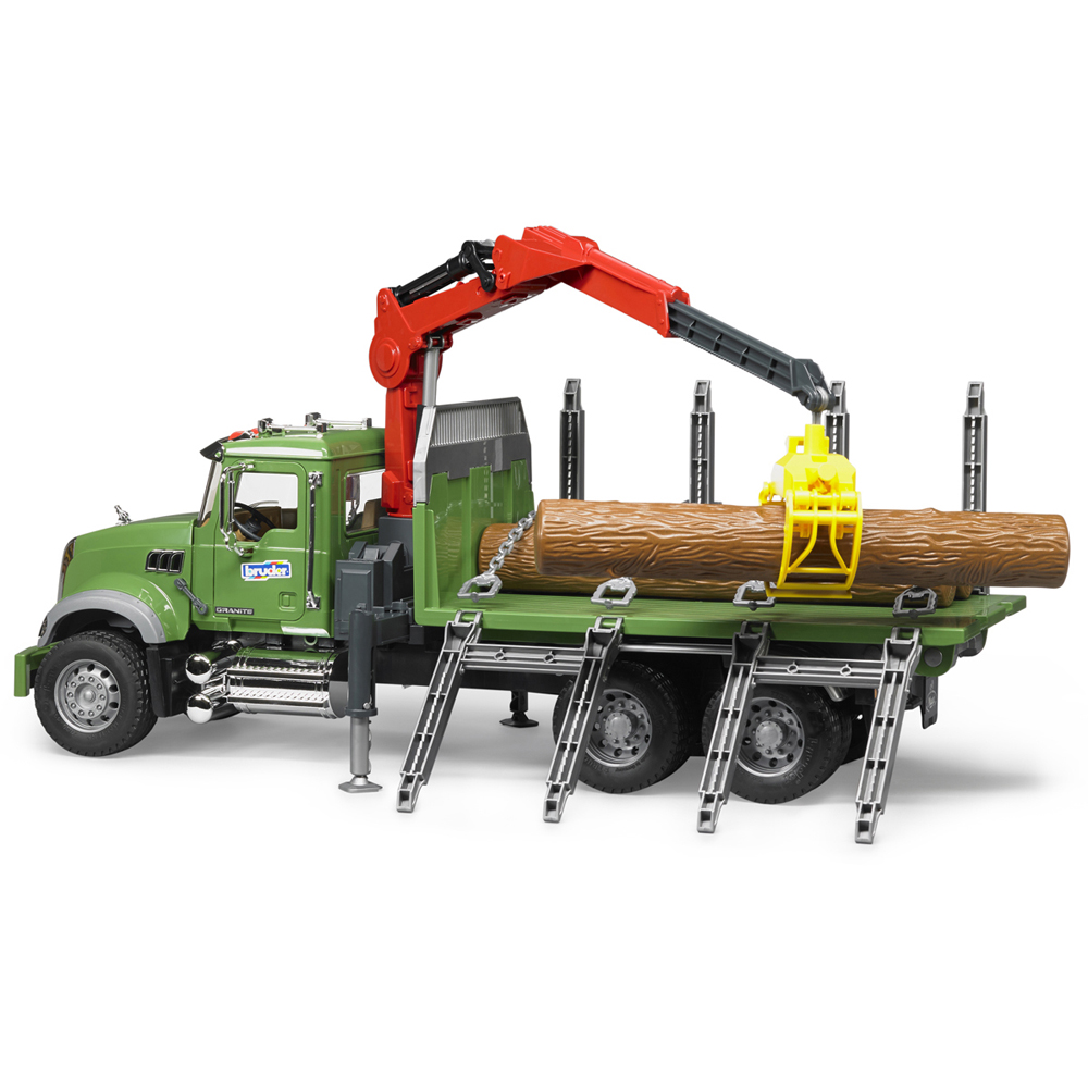 Bruder MACK Granite Timber Truck with Loading Crane Grab and 3 Trunks Image 7