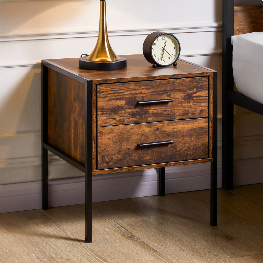 Vida Designs Brooklyn 2 Drawer Dark Wood Industrial Bedside Table Image 3