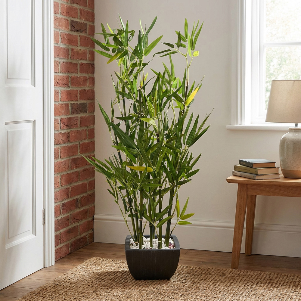 Artificial Green Bamboo Plant in Black Terracotta Pot with Pebbles Image 6