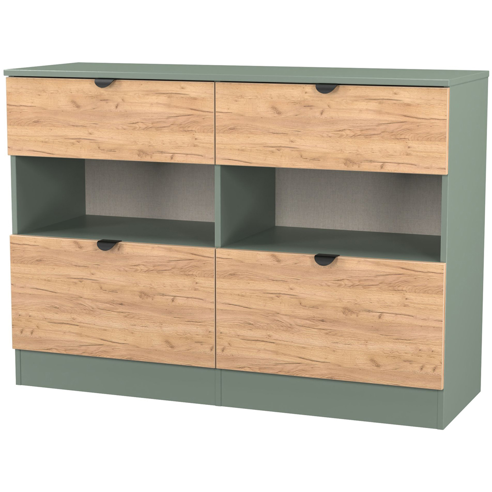 Crowndale Bora 4 Drawer 2 Shelf Gold Oak and Reed Green Wide Midi Chest Image 4