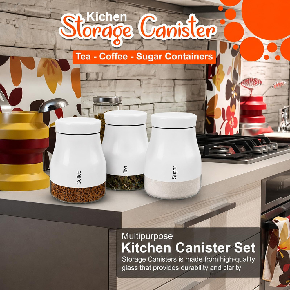ATEK 3 Piece Tea Coffee and Sugar White Kitchen Canister Set Image 6