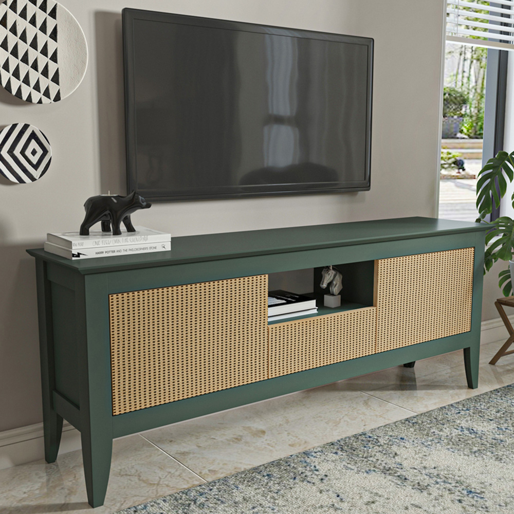 Decorotika Verde 3 Door Single Shelf Green and Rattan TV Unit Image 1