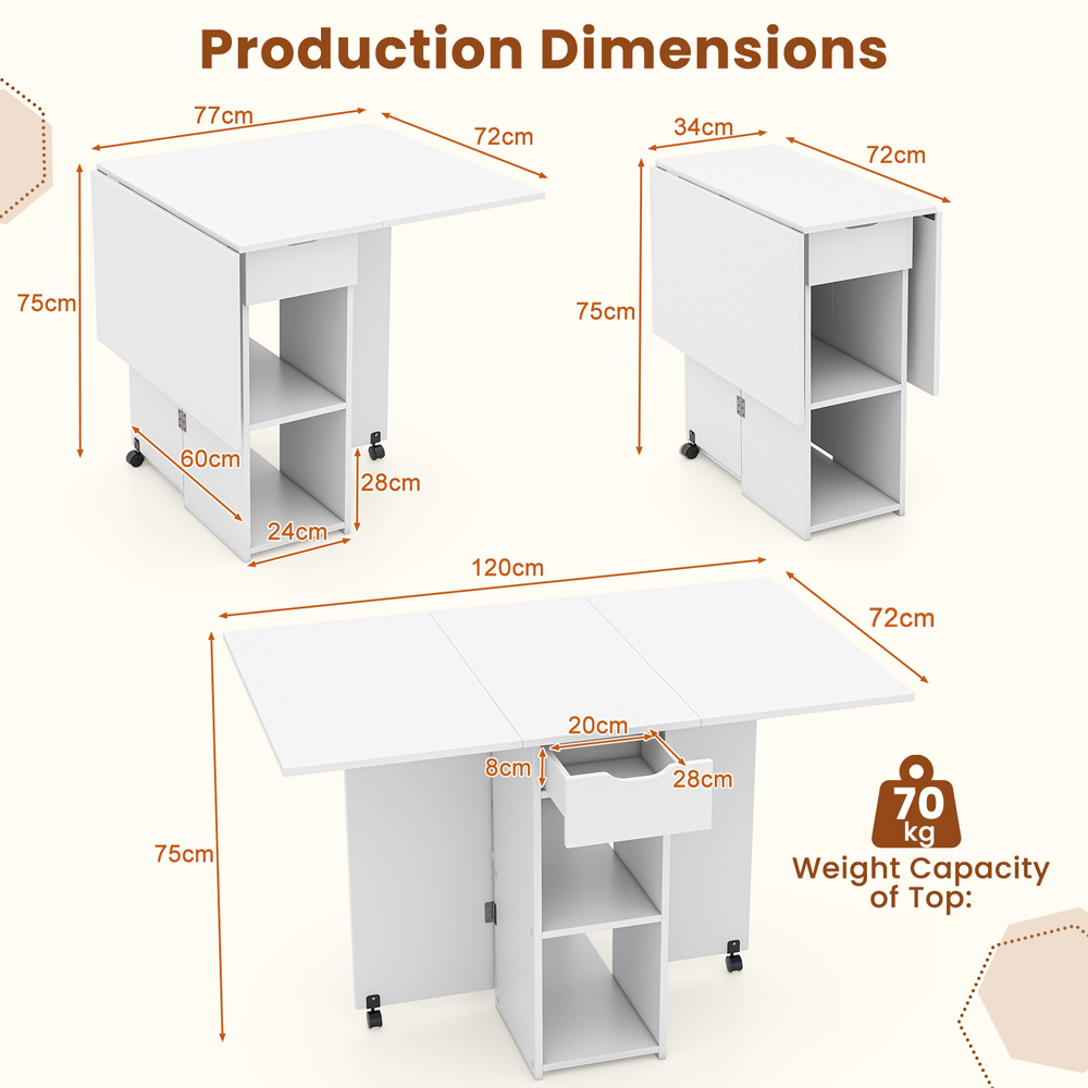 Costway 4 Seater Foldable Dining Table with Wheels White Image 9