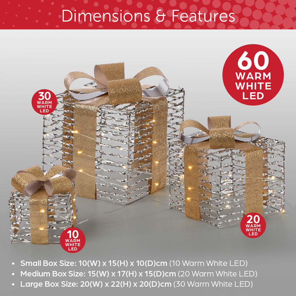 The Christmas Workshop 60 Warm White LED Silver Gift Box Decoration Set of 3 Image 9