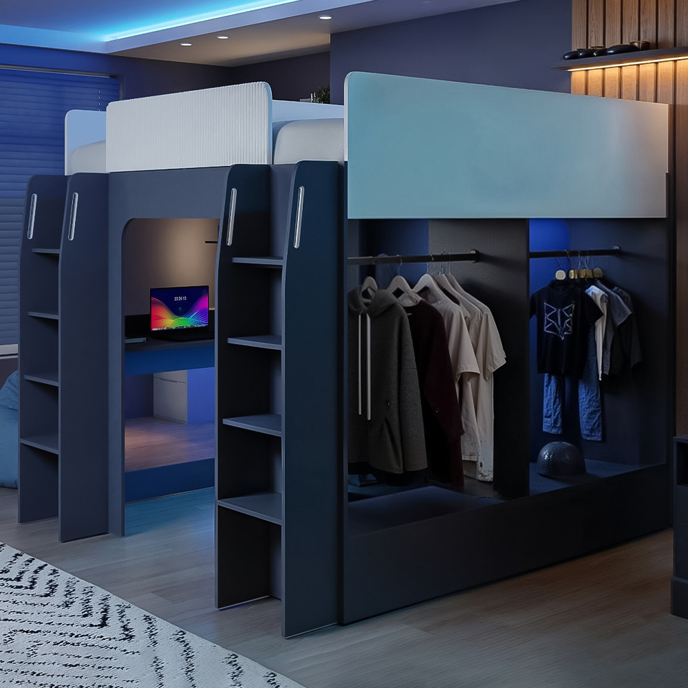 Recoil Dante Twin White and Grey Gaming High Sleeper Bed with Desk and Wardrobe Image 1