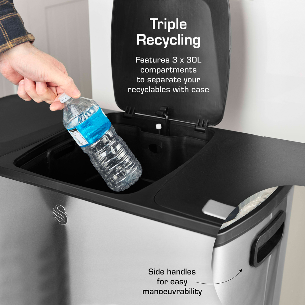 Swan Black Stainless Steel Triple Recycling Pedal Bin 90L Image 4