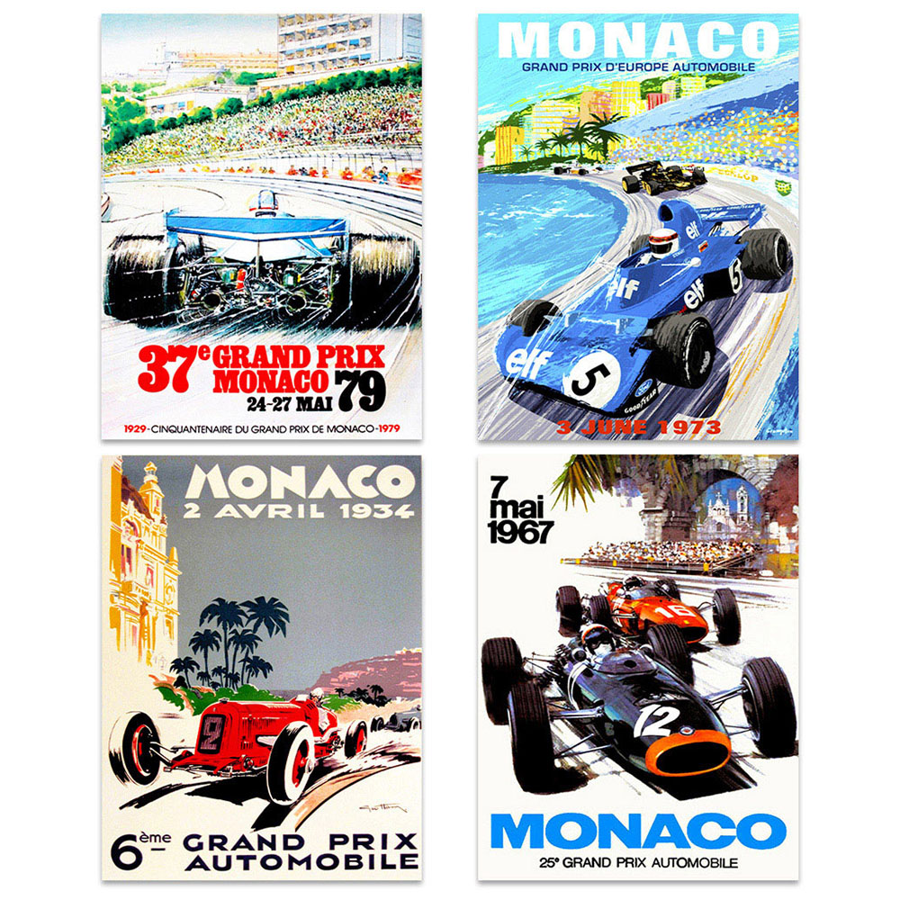 Artery8 Vintage Monaco Grand Prix Race Advert Motor Sport Wall Art Print 30 x 41cm 4 Pack Image 1