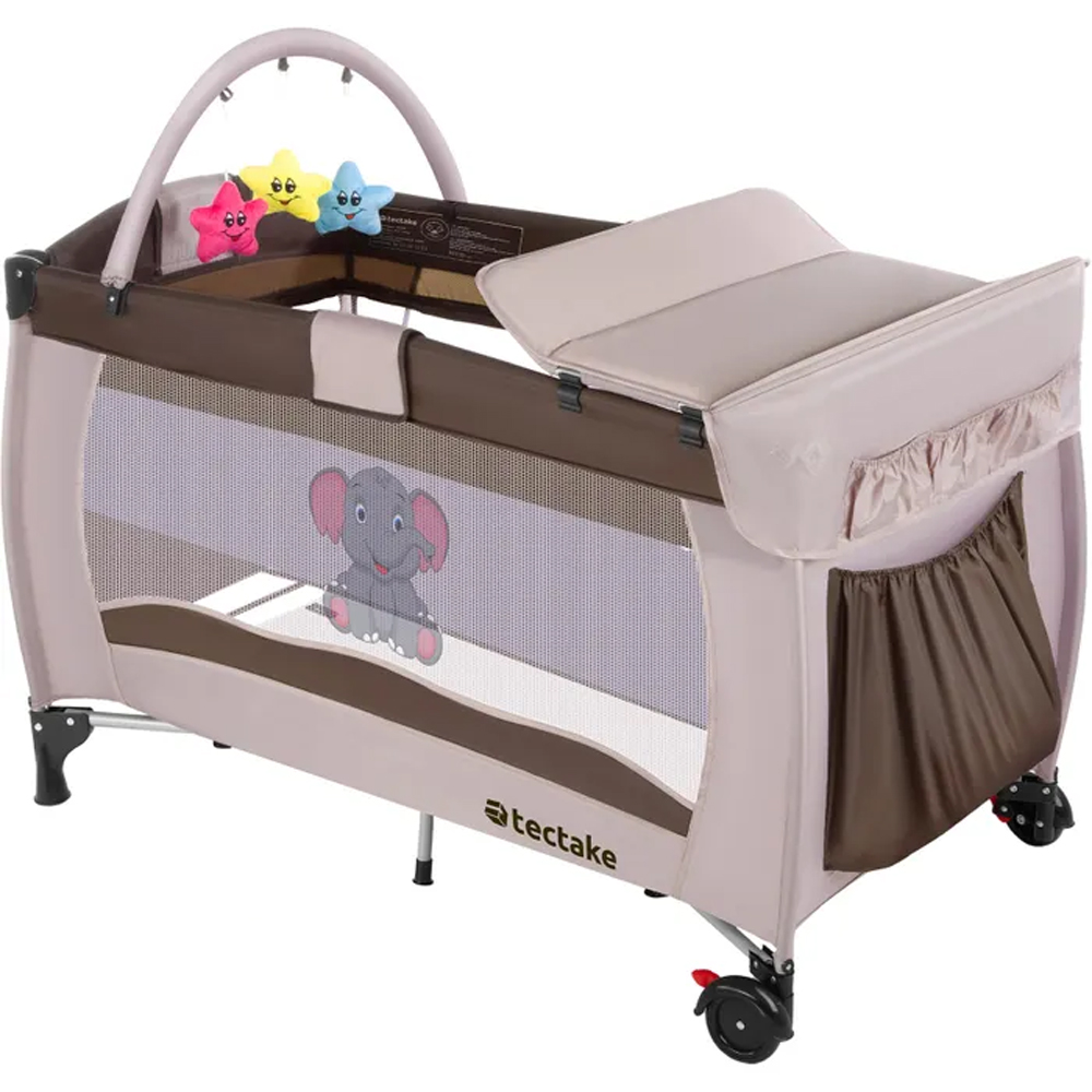 tectake Kids Brown Elephant Travel Cot with Changing Mat Image 1
