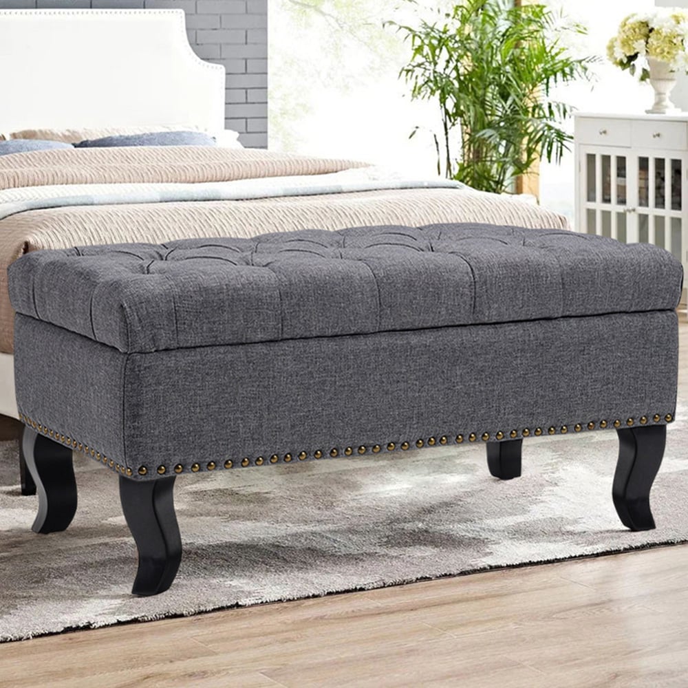 Living and Home Grey Nailhead Trim Ottoman Bench Image 1