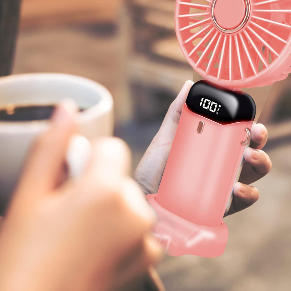 Dyzi USB C Rechargeable Pink Portable Travel Mini Handheld Desk Table Fan Image 2