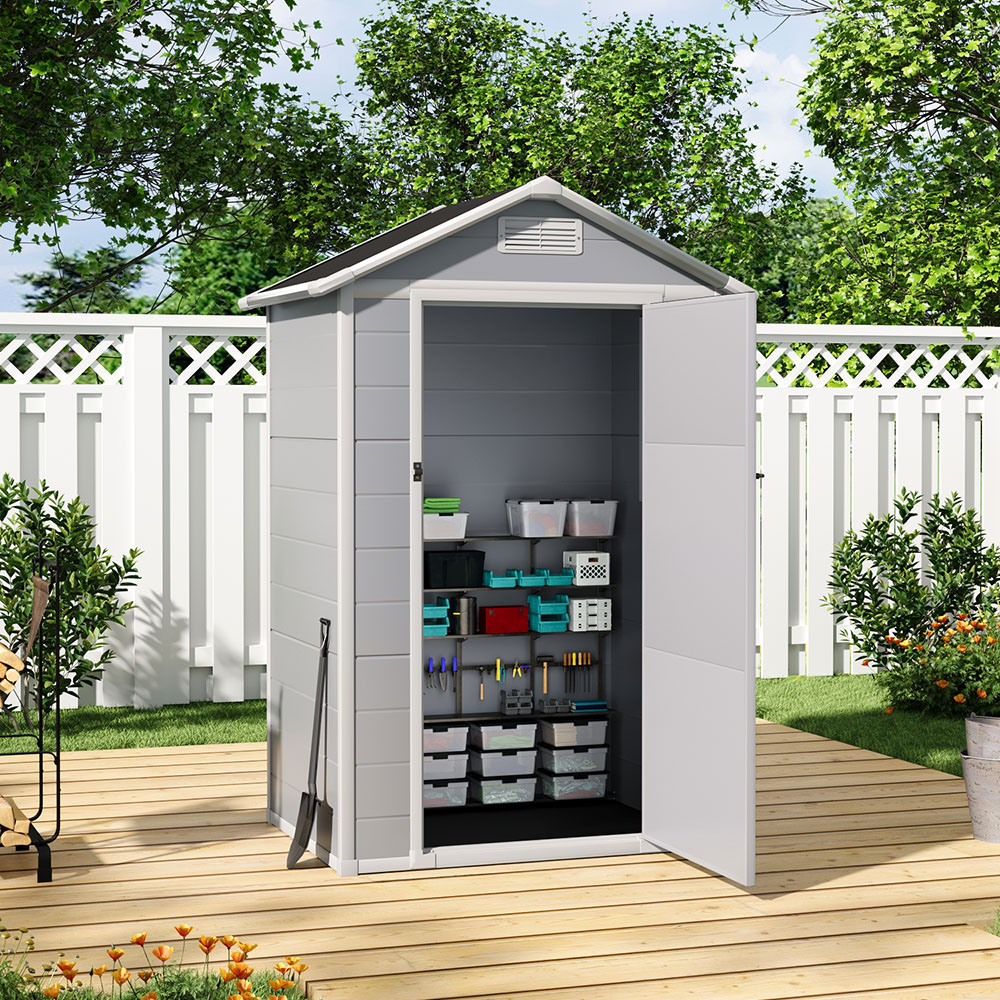 H&O Direct 4 x 3ft Grey and Black Plastic Open Gable Roof Tool Storage Shed Image 4