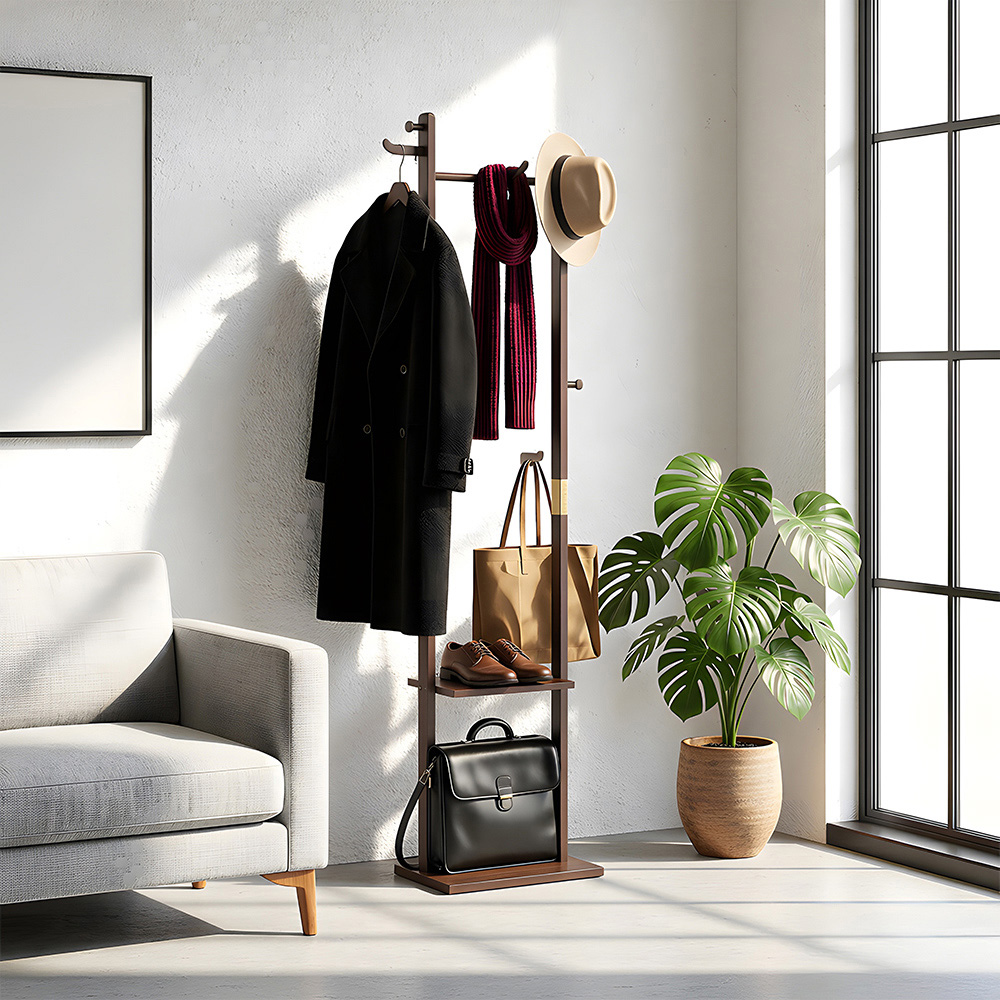 Living and Home Single Shelf Walnut Freestanding Clothes Rack with 5 Hooks Image 7