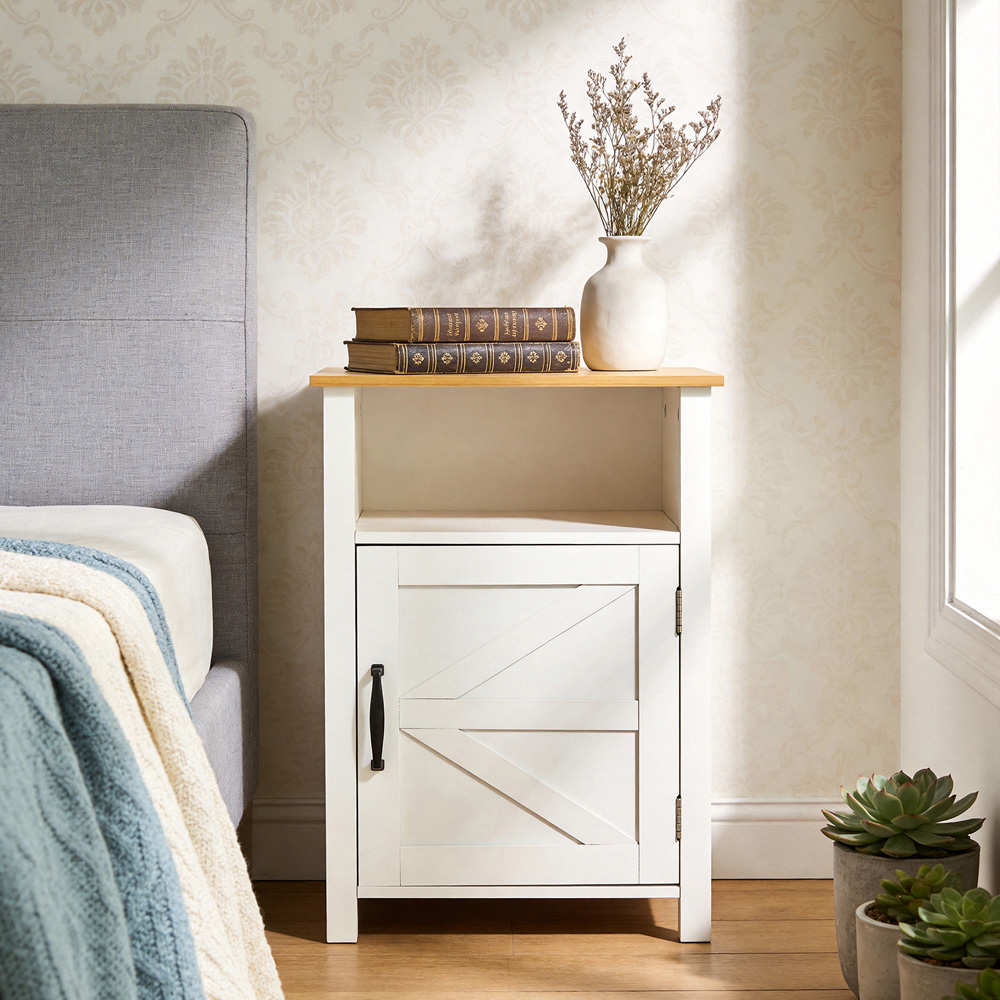 Living and Home Single Door Single Shelf White Bedside Table with Wood Grain Top Image 6