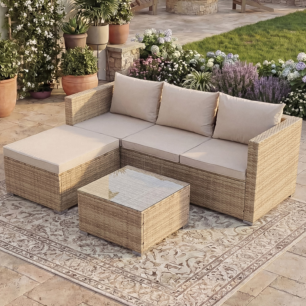 GARDEN VIDA Hampton 4 Seater Natural PE Rattan Garden Corner Lounge Set with Cover Image 1