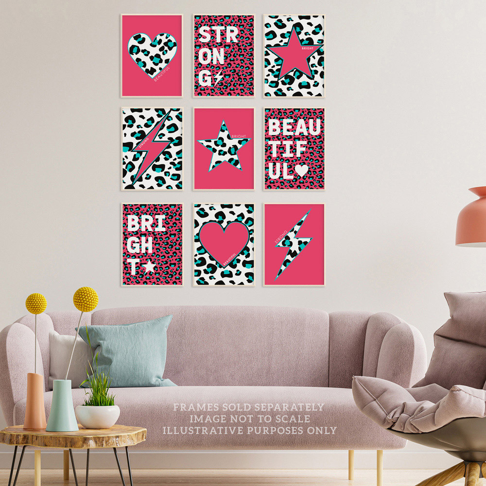 Wee Blue Coo Pink Turquoise Leopard Pattern Heart Lightning Star Wall Art Print 30 x 41cm 9 Pack Image 2