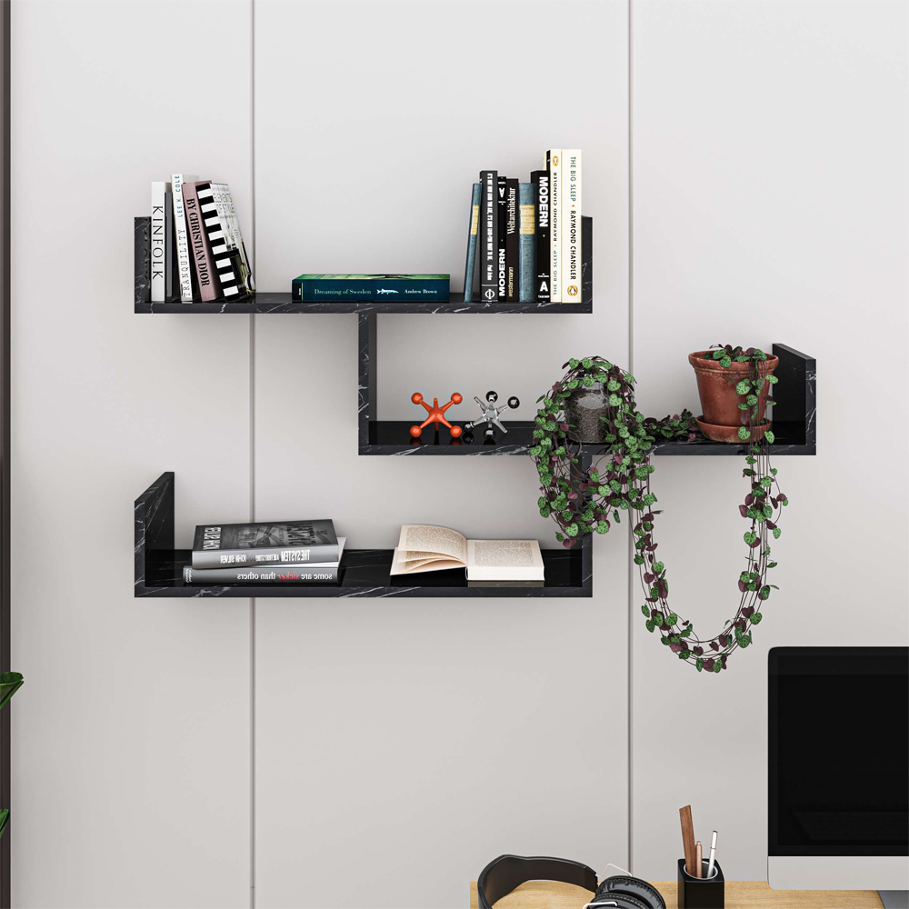 Decortie Tibet Black Marble Effect 3 Tier Wall Mounted Bookcase Display Unit Image 5