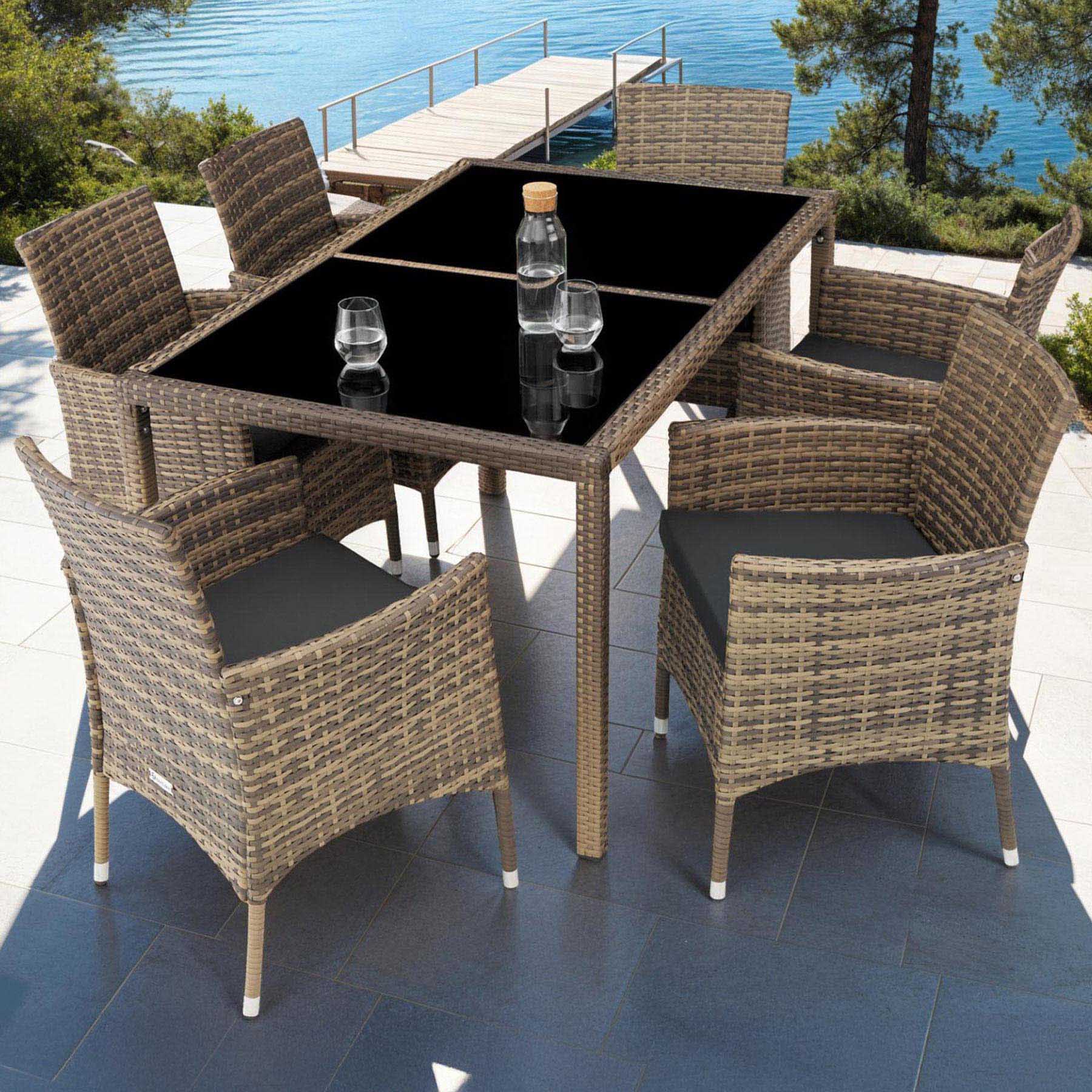tectake Lisbon 6 Seater Rattan Garden Dining Set Natural and Dark Grey Image 1