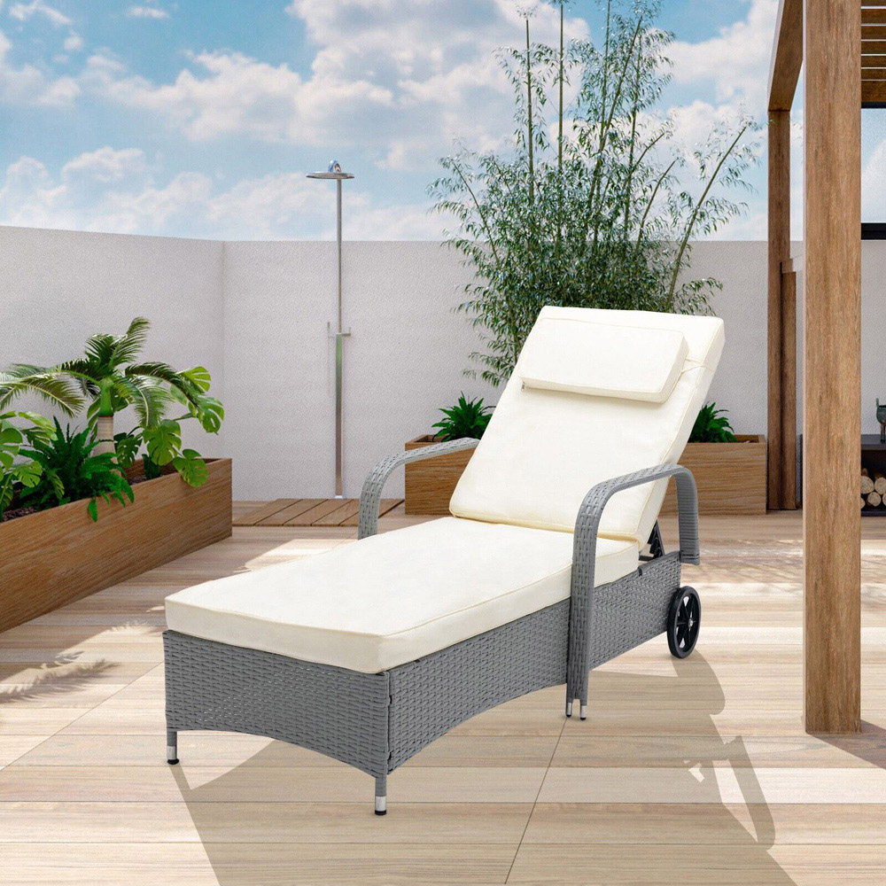 Grey Rattan Reclining Sun Lounger with Wheels Image 6