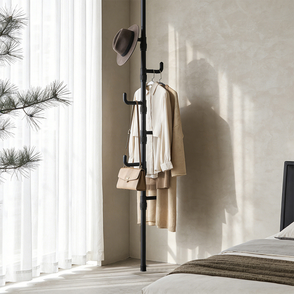 Living and Home Black Adjustable Floor-to-Ceiling Coat Stand with 6 Hooks Image 7