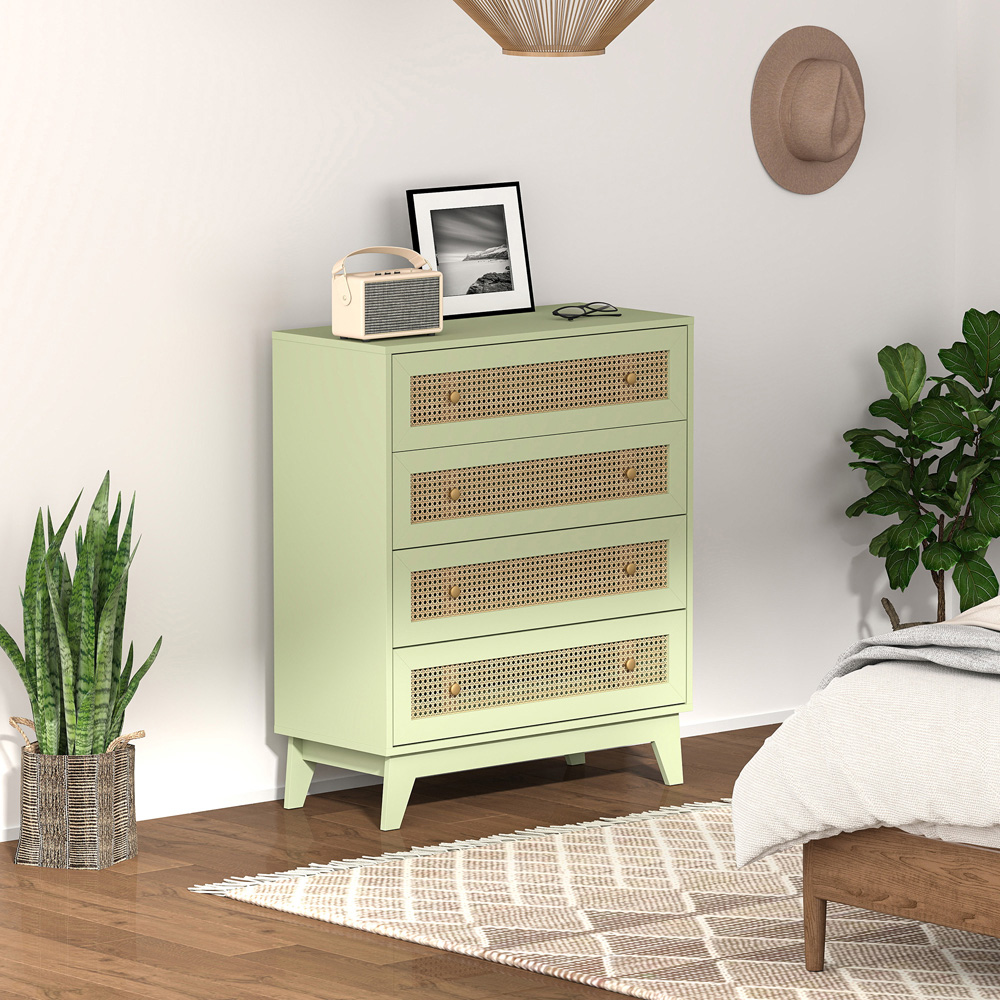 HOMCOM 4 Drawer Light Green Rattan Chest of Drawers Image 3