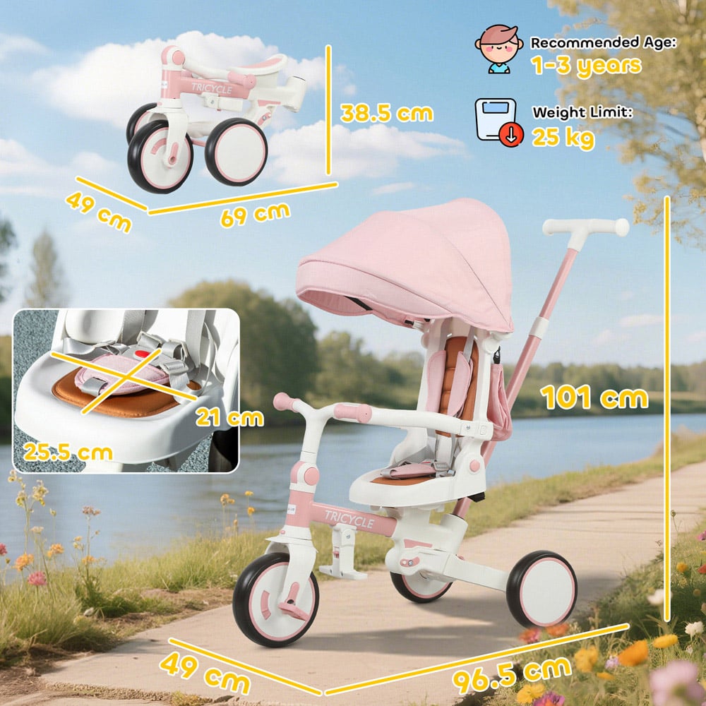 Tommy Toys 5-in-1 Toddler Pink 5 Point Harness Foldable Trike with Parent Handle Image 9